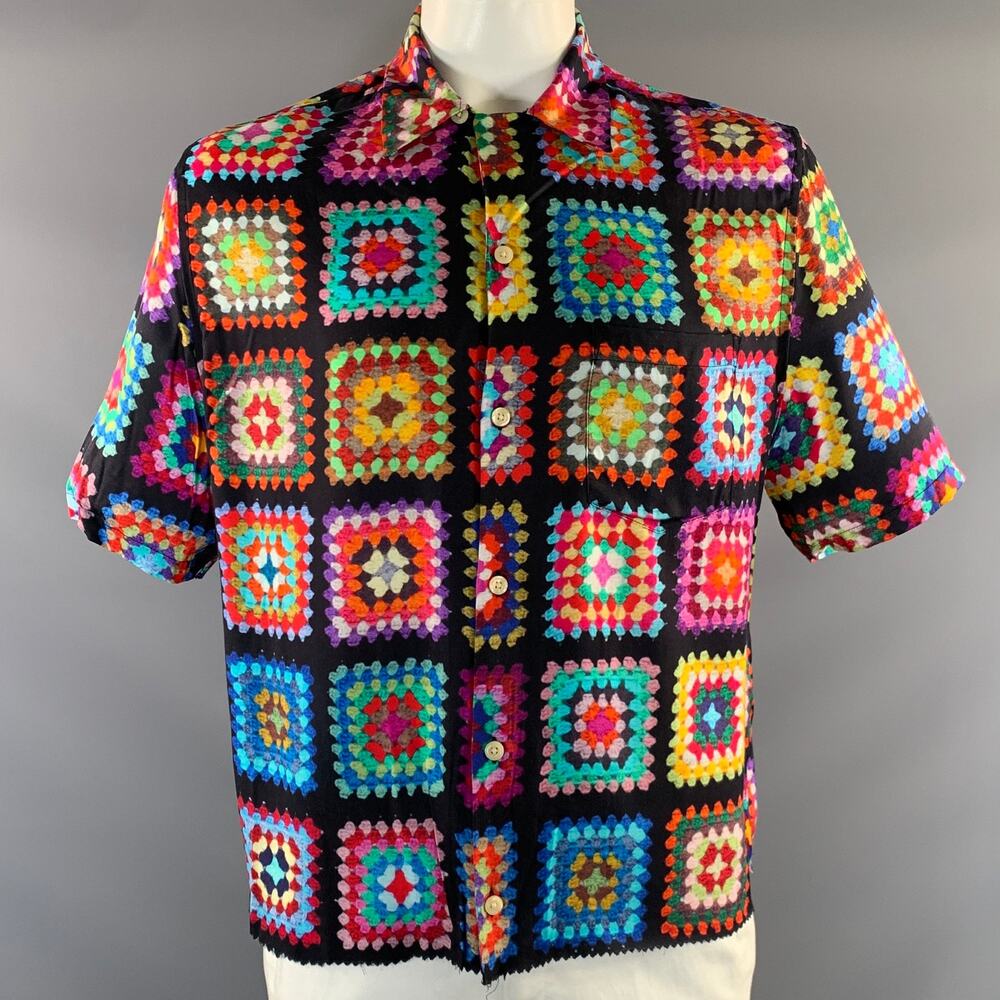 ALLSAINTS Size XXL Black Multi Color Geometric Short Sleeve Shirt